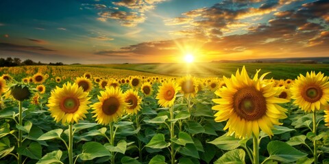 Obraz premium Vibrant yellow sunflowers sway in a lush green field against a warm orange sunset backdrop, symbolizing abundance and harvest, with ample copyspace for creative text overlays.