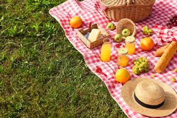 Picnic basket, different snacks, juice and hat on green grass outdoors, space for text