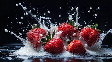 Strawberry falling into milk splash, black background