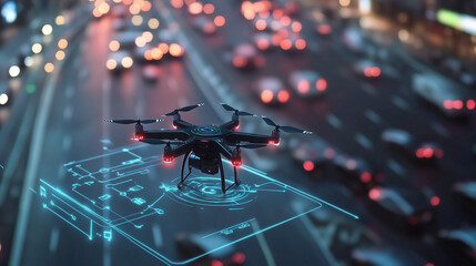 High-tech AI-enhanced traffic enforcement system using drones and sensors, featuring advanced surveillance technology, real-time data processing, and intelligent algorithms to monitor and enforce traf