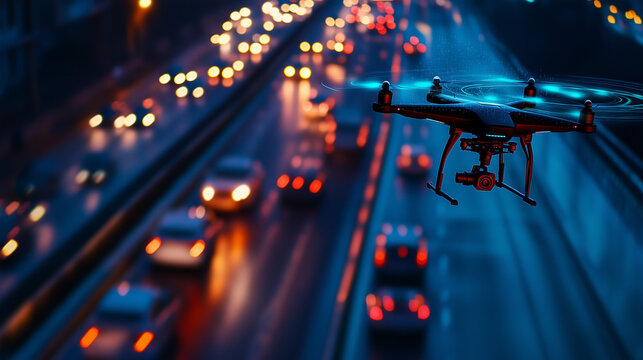 High-tech AI-enhanced traffic enforcement system using drones and sensors, featuring advanced surveillance technology, real-time data processing, and intelligent algorithms to monitor and enforce traf