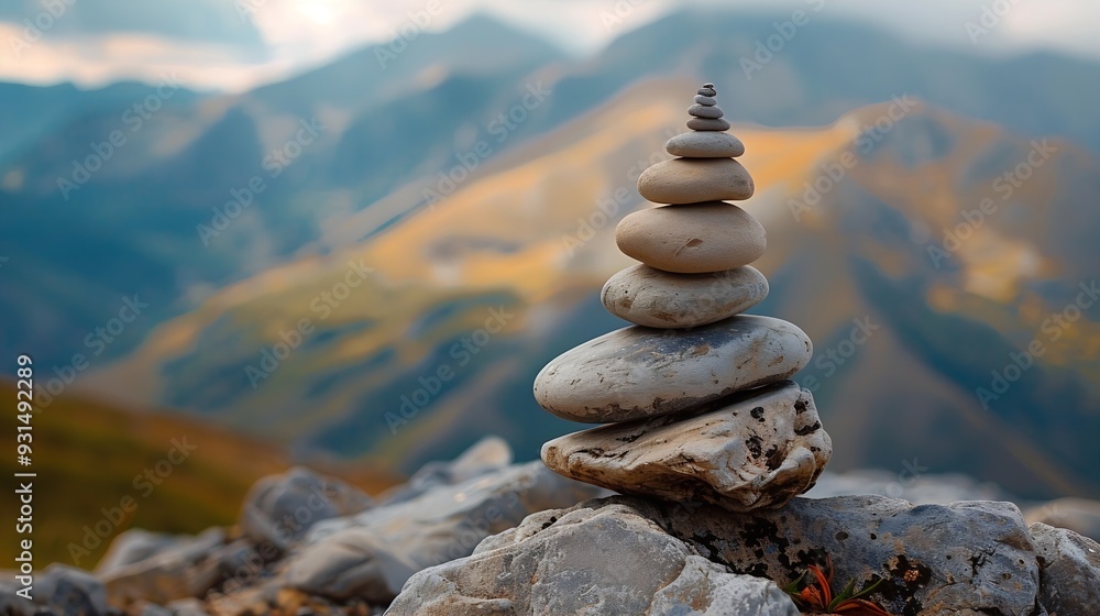 Poster stack of stones on top of the mountain pile of rocks stone and mountains balanced stone pyramid or s