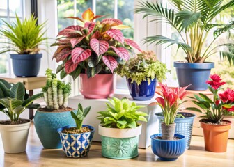 Fototapeta premium Colorful assortment of lush houseplants, including dracaena, bonsai, begonia, anthurium, tradescantia, and spathiphyllum, sit proudly in decorative pots and planters in a bright, cozy home setting.