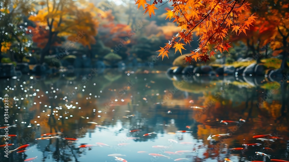 Poster A Japanese garden with a Japanese maples on the forgetting and background sure surrounding a carp lake : Generative AI