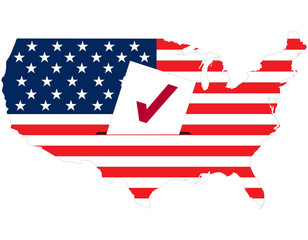 Flying vote paper put in election box with America flag in map. concept for USA election vote theme background.