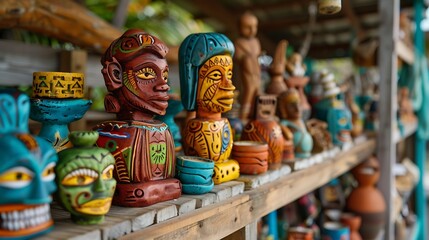 Fototapeta premium Local souvenirs on display in Grenada Grenada is a Caribbean country comprising a main island also called Grenada and smaller surrounding islands : Generative AI