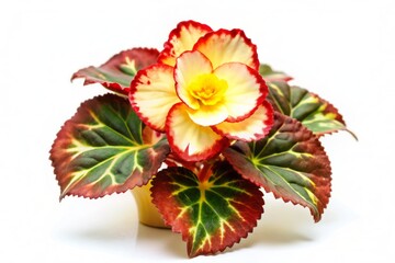 Vibrant pink wax begonia flower with glossy leaves and delicate white accents isolated on pure white background, showcasing its intricate details and beauty.