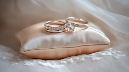 Elegant wedding rings on a velvet pillow, against a plain background, a conceptual image representing union and love