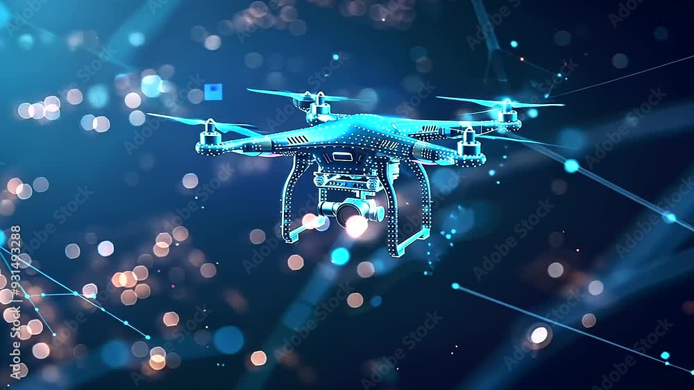 Poster blue hologram of a drone with glowing data streams, representing ai-controlled flight and vr pilotin