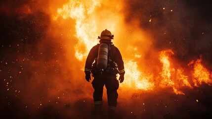 Firefighter silhouetted against a wall of fire, back to the camera, embodying courage and heroism in the face of danger