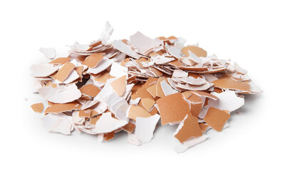 Pile of broken eggshells isolated on white