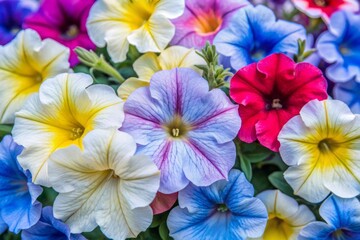 Vibrant petunia flowers in shades of pink, purple, yellow, white, and red bloom in abundance, showcasing intricate details and delicate textures up close.
