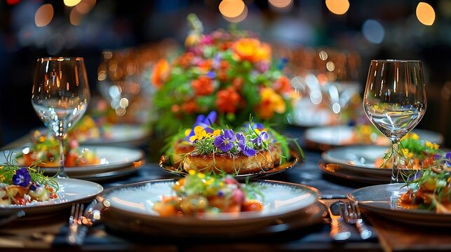 Luxury food on wedding table Fine dining food concept : Generative AI
