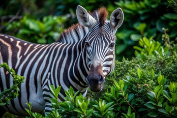 Vibrant portrait of a zebra in its natural habitat, peacefully munching on fresh lush green plants, showcasing its unique black and white stripes.