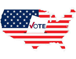Flying vote paper put in election box with America flag in map. concept for USA election vote theme background.