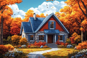 Autumn Cottage Illustration - Stone House with Blue Roof Surrounded by Fall Foliage