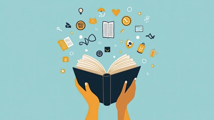 Illustration of a hand gripping a book, icons representing learning concepts floating around, simple background for clarity