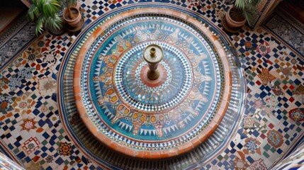 Fototapeta premium A stunning overhead view of an Islamic mosaic fountain with intricate patterns, ideal for cultural, heritage, and architectural-themed content.