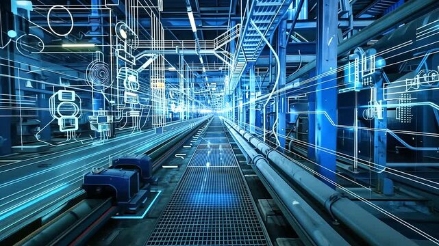 A blue hologram of a factory with glowing data streams, representing AI in manufacturing and VR industrial simulations