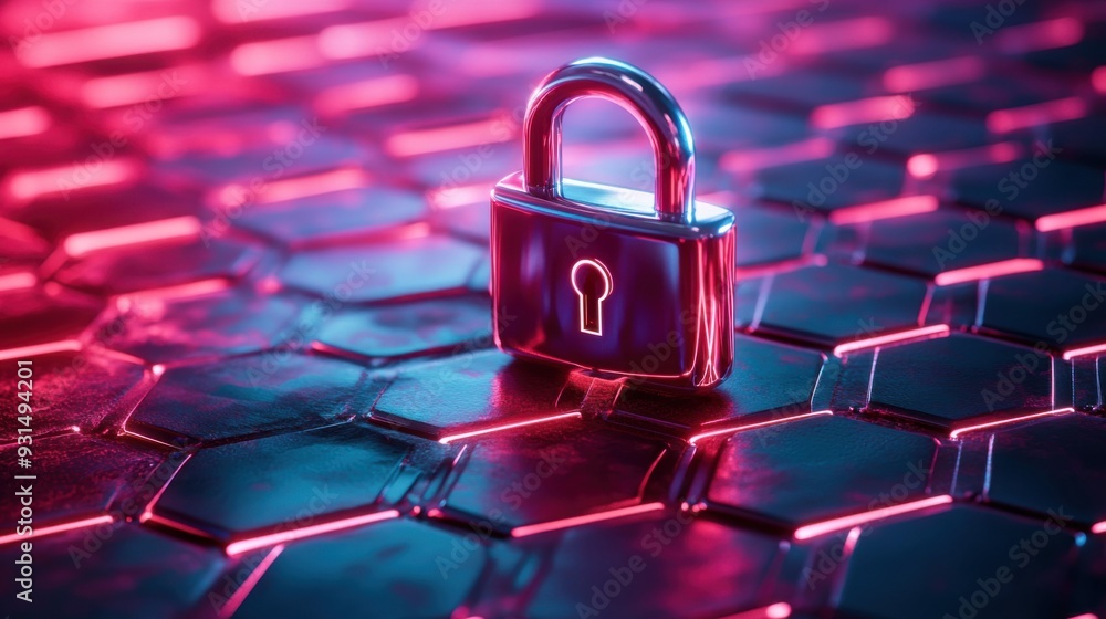 Poster futuristic digital padlock on hexagonal grid