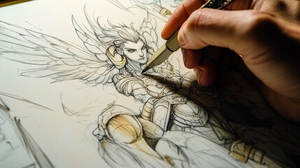 A close-up of a hand sketching a detailed concept art piece for a fantasy game, showcasing textures and colors against a plain backdrop