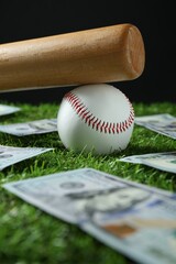 Baseball ball, bat and dollar banknotes on green grass, closeup