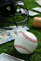 Baseball ball, bat, helmet and dollar banknotes on green grass outdoors