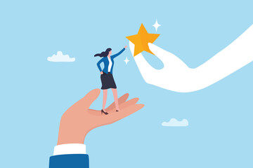 Empowerment or encouragement to help employee reach career success, woman leadership, support or help for work achievement, reward or job promotion concept, helping hand help businesswoman reach star.