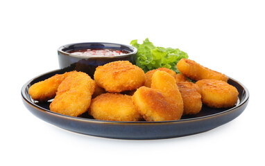 Tasty chicken nuggets with chili sauce and lettuce isolated on white