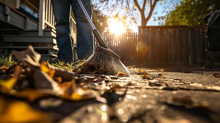 man sweeping the porch, clearing away leaves and debris