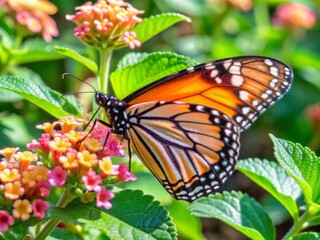 Obraz premium Vibrant monarch butterfly perches on a delicate lantana flower, its intricate orange and black wings shimmering in the warm light of a bright sunny day.