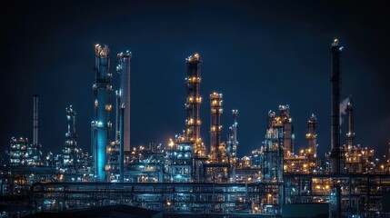 Night view of an oil refinery, illuminated pipes and towers, a dark sky providing contrast to the bright lights