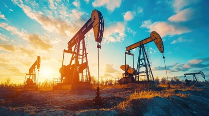 Oil pumps working in a field under a blue sky, symbolizing digital extraction, energy markets, and resource economies.
