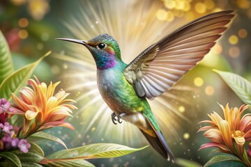 Vibrant painting of a hummingbird in mid-air, iridescent feathers shimmering, wings beating rapidly, surrounded by lush greenery and colorful tropical flowers in bloom.