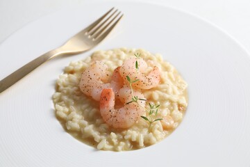 Delicious risotto with shrimps and cheese on plate, closeup
