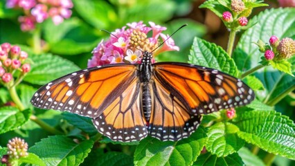 Fototapeta premium Vibrant monarch butterfly perches on a delicate pink lantana flower, its intricate orange and black wings spread wide, surrounded by lush green foliage in warm sunlight.