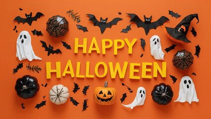 Halloween Decorations with Ghosts and Bats for Cards and Poster

Description: Halloween decorations featuring bats, ghosts, and a jack-o'-lantern on an orange background with "Happy Halloween" text.