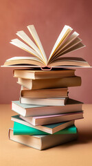 Naklejka premium A stack of books with a large, open book on top, displaying its pages fanned