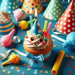 Fototapeta premium Birthday party caps, blowers and candles on blue background