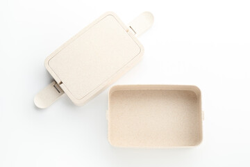 Plastic lunch box and lid isolated on white, top view