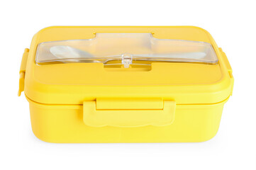 Plastic lunch box with cutlery isolated on white