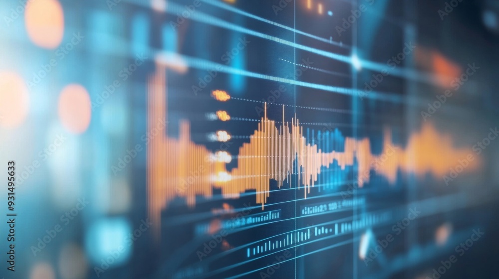 Fototapete close-up of a financial graph on a computer screen, showcasing upward and downward trends with detai