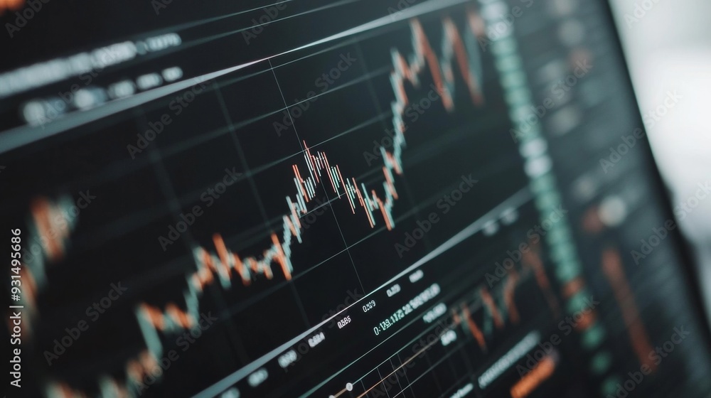 Poster close-up of a financial graph on a computer screen, showcasing upward and downward trends with detai