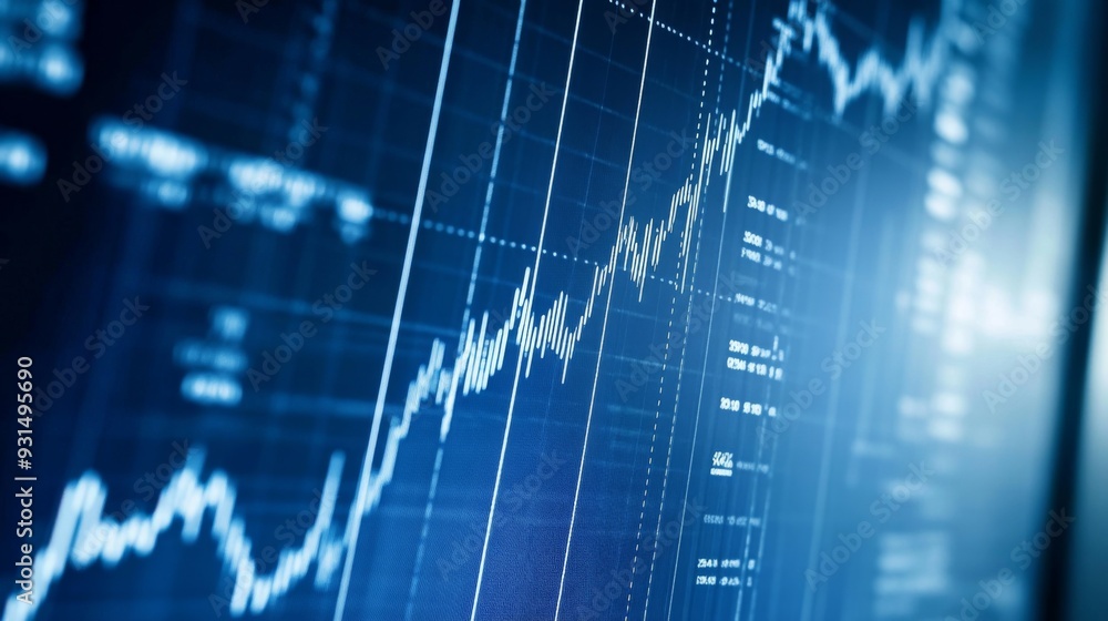 Fototapete close-up of a financial graph on a computer screen, showcasing upward and downward trends with detai