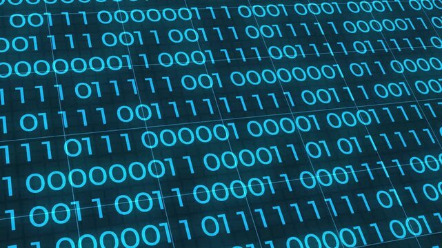 Blue binary code foreground. Digits of 0 and 1 switch to binary data loop. Concept: Technology, data, cybersecurity, binary code.