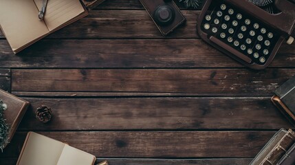 wooden table with a vintage typewriter and a notepad
