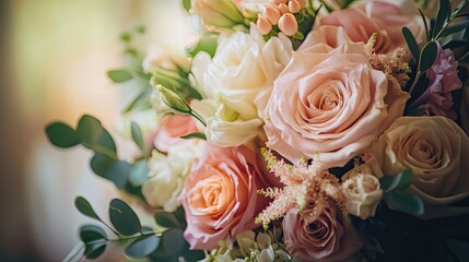 Obraz premium Wedding bouquet close-up with a subtle light gradient behind it, highlighting the beauty and texture of the flowers