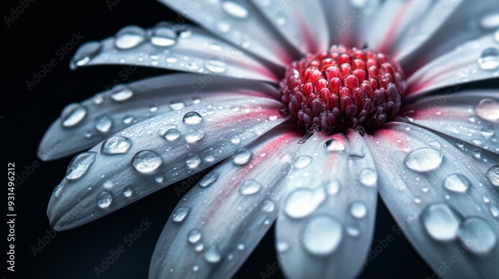Poster Close-up of a flower with large, prominent water droplets on its petals, creating a dramatic and visually appealing effect against a simple backdrop.