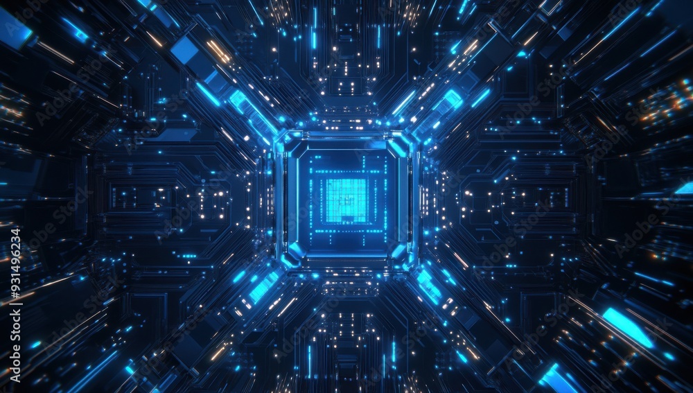 Poster glowing microchip with radiating circuitry