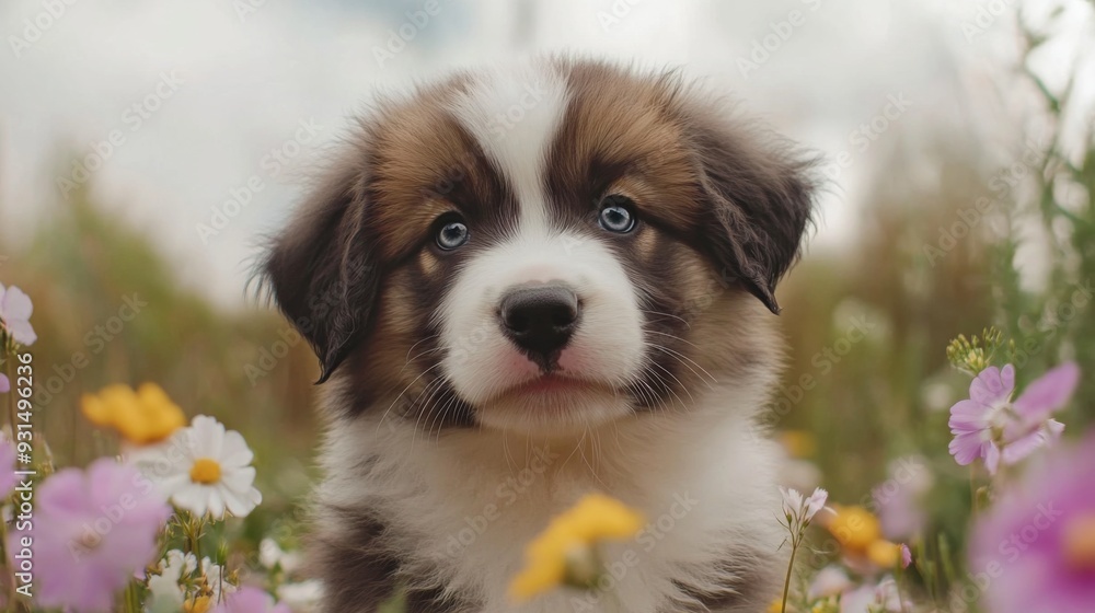 Poster close-up of a fluffy puppy with a tiny nose and bright eyes, sitting in a field of flowers, enhancin